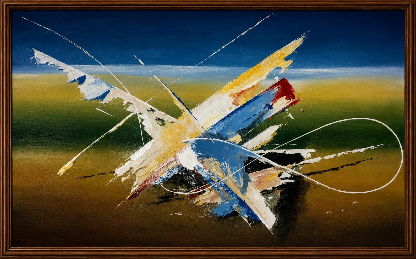 Painting “Dreams V: Beyond the Horizon” by Oleksandr Zinovyev: White, yellow and blue shards bursting across a dark horizon; framed.
