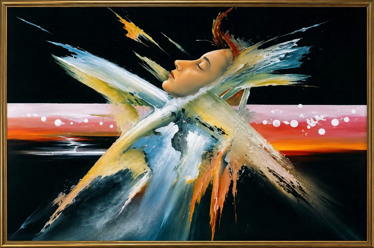 Painting “Dreams VI: Do Not Disturb” by Oleksandr Zinovyev: A sleeping woman's face emerging from a burst of white and blue strokes over a red horizon; framed.