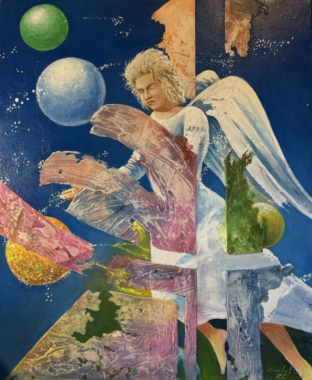 Painting “Dreams VII: Sleeping Angel” by Oleksandr Zinovyev: An angel in white with pale wings among planets and torn collage-like planes on deep blue.