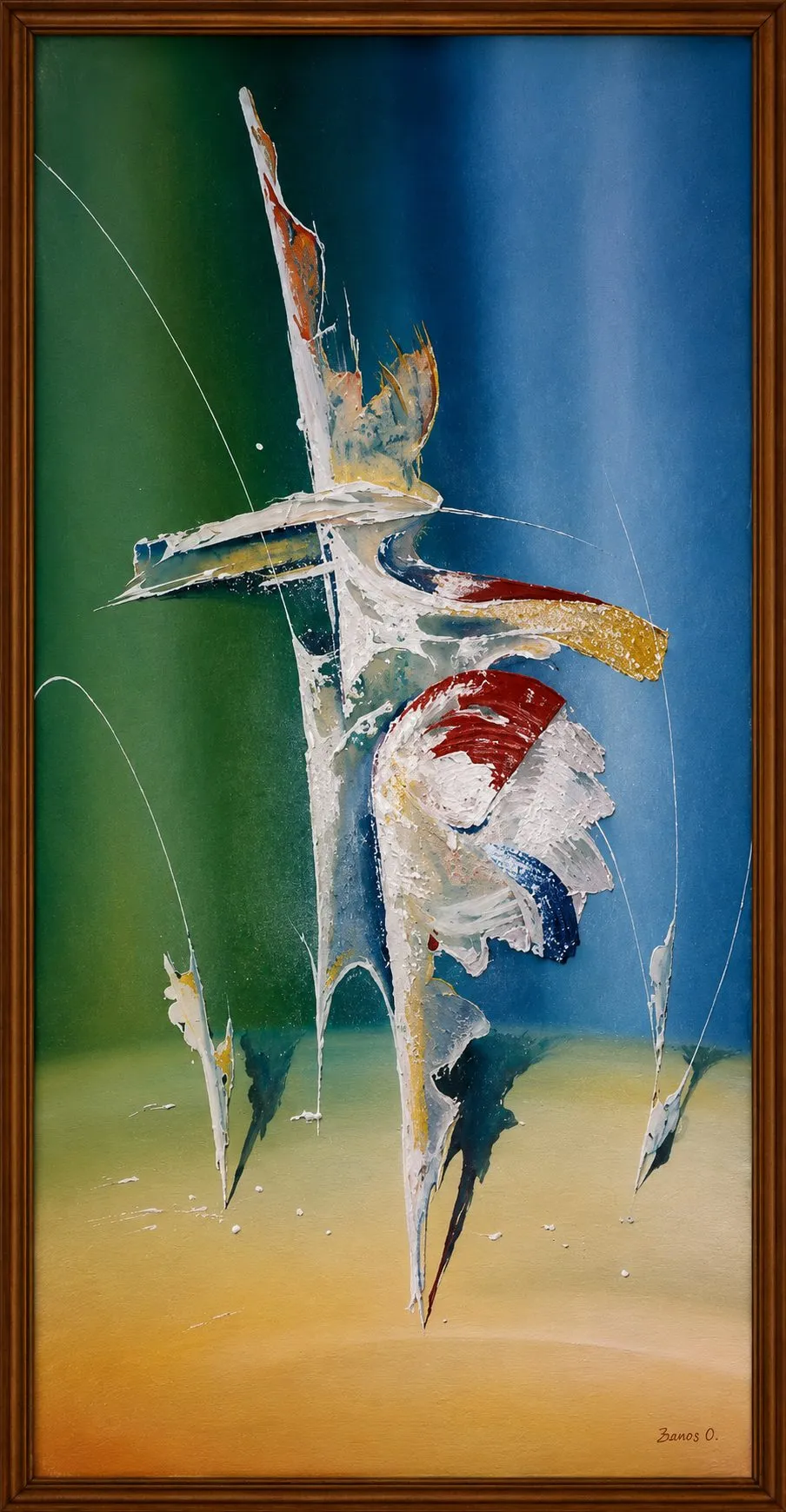 Painting “Dreams IV: Beyond the Horizon” by Oleksandr Zinovyev: A tall, narrow white figure of shards on a green and blue ground; framed.
