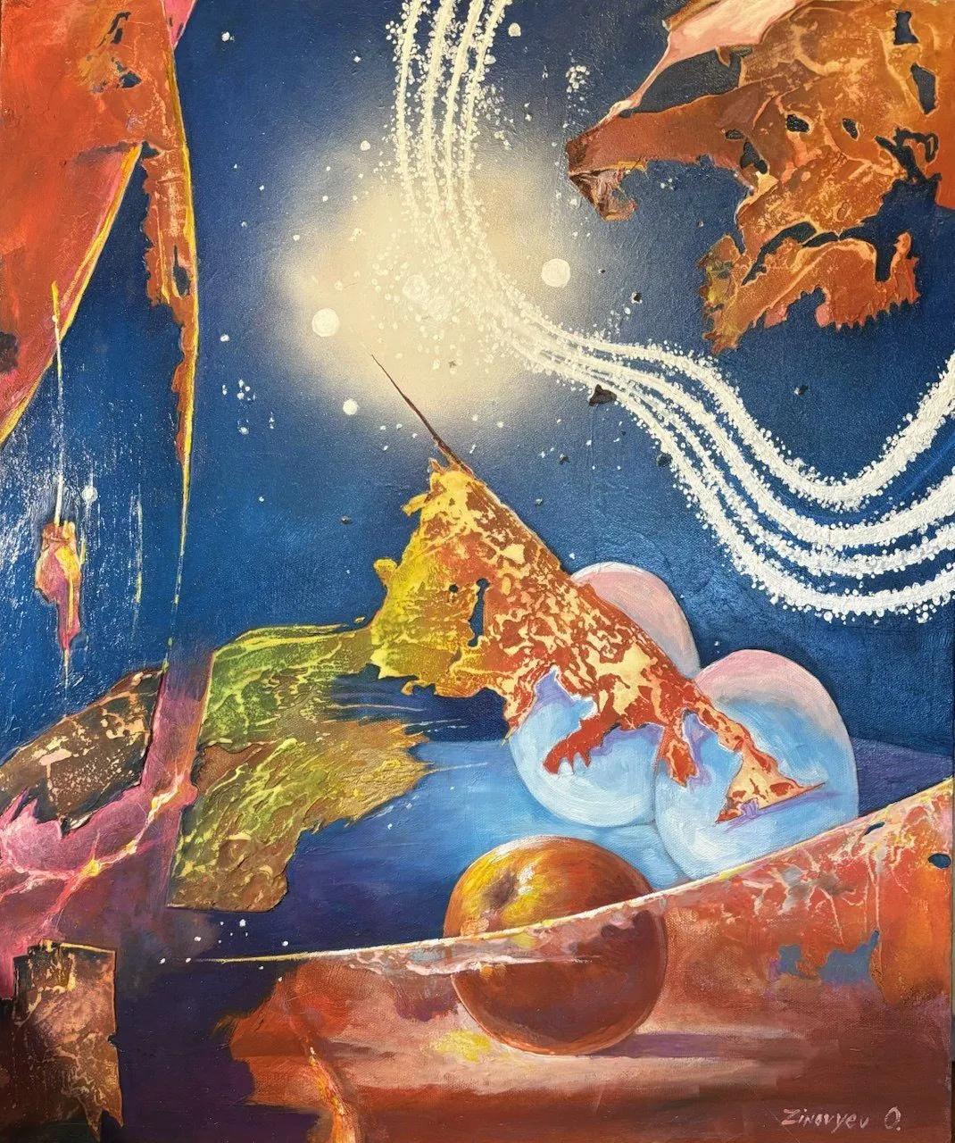 Painting “Dreams: At the Break of Worlds” by Oleksandr Zinovyev: A cosmic scene with a glowing star, white streams, an apple and molten orange forms.