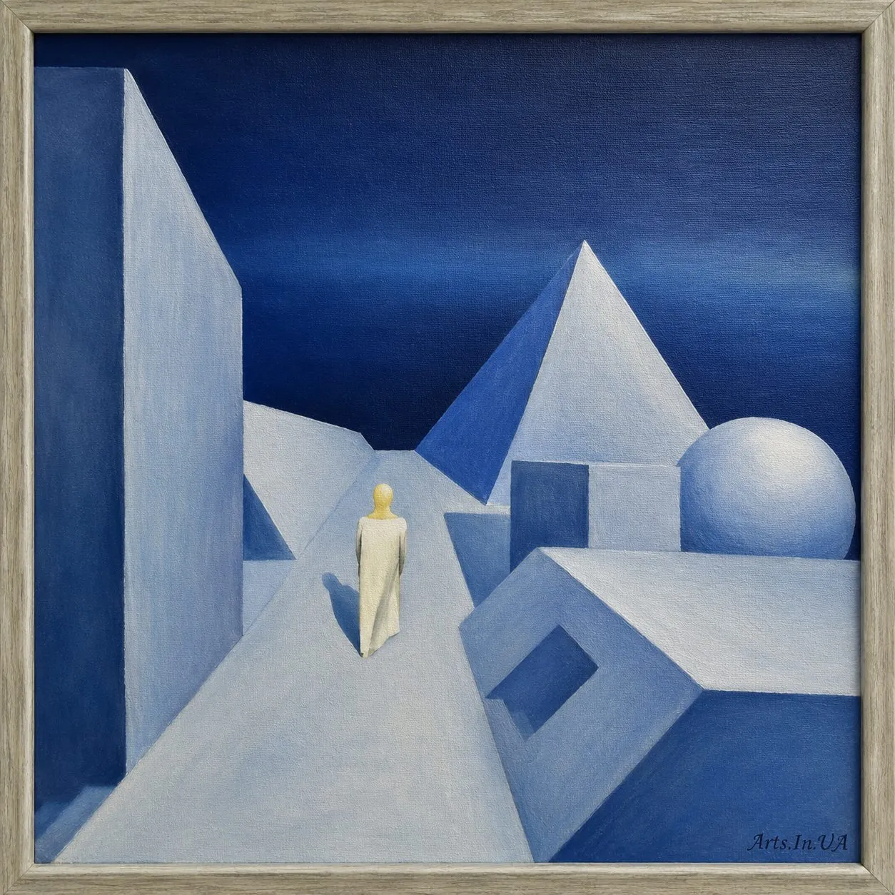 Painting “Dreams I” by Oleksandr Zinovyev: A lone white figure walking between blue geometric walls, a pyramid and a sphere under a night sky.
