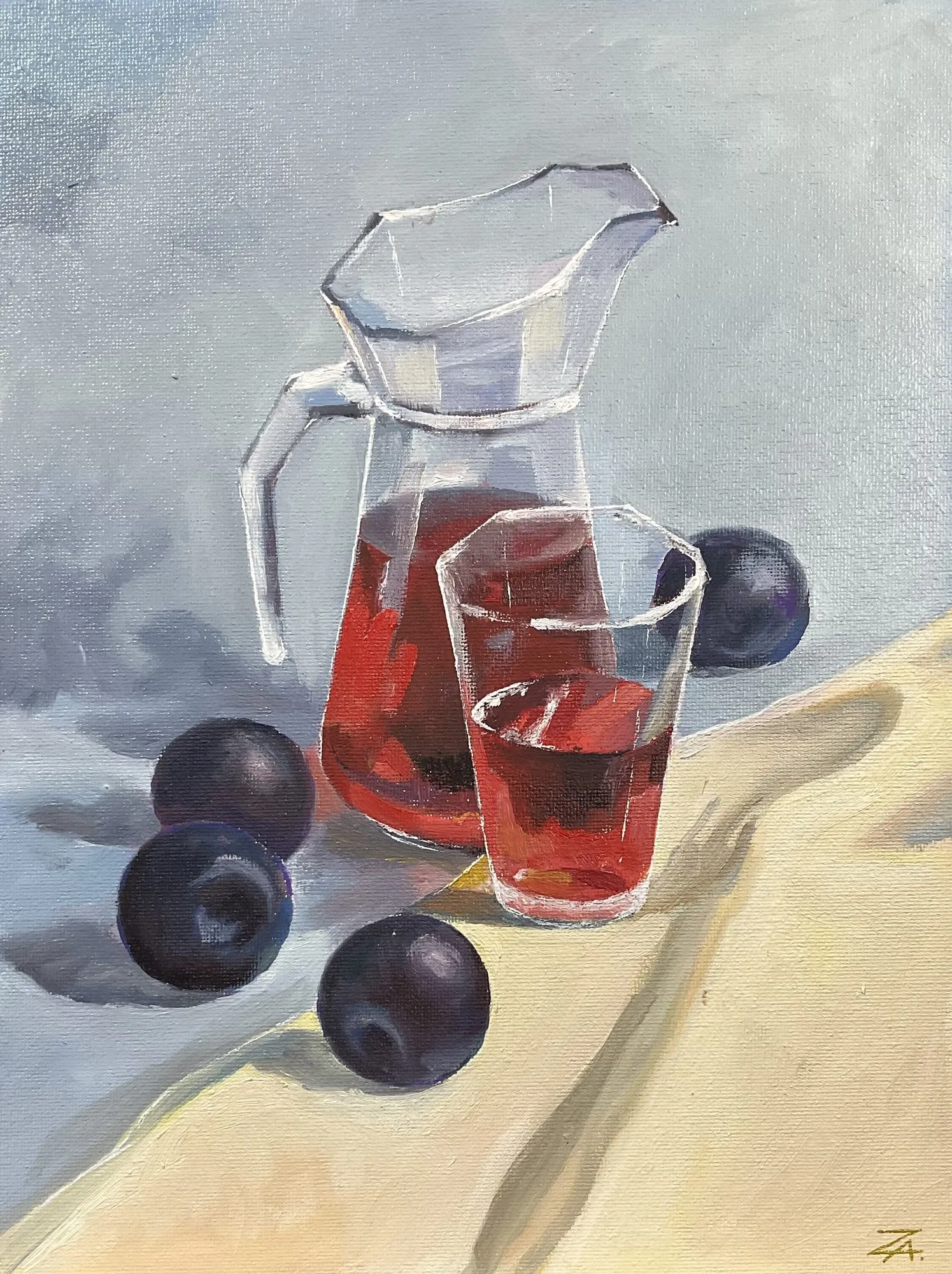 Painting “Plums with a Carafe” by Oleksandr Zinovyev: A glass jug and a glass of red juice with dark plums on a white cloth.