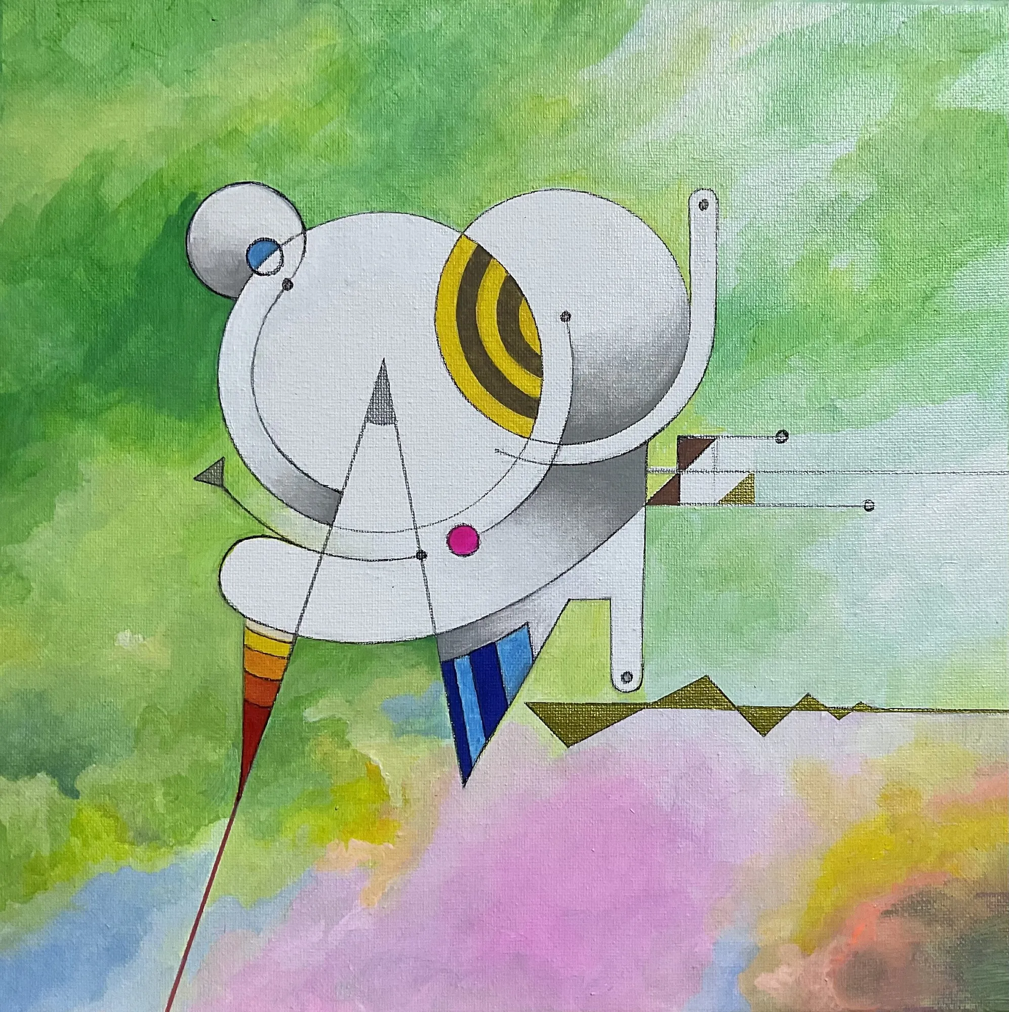 Painting “The Dog” by Oleksandr Zinovyev: A white robot-like animal with a yellow-striped ear on green and pink.
