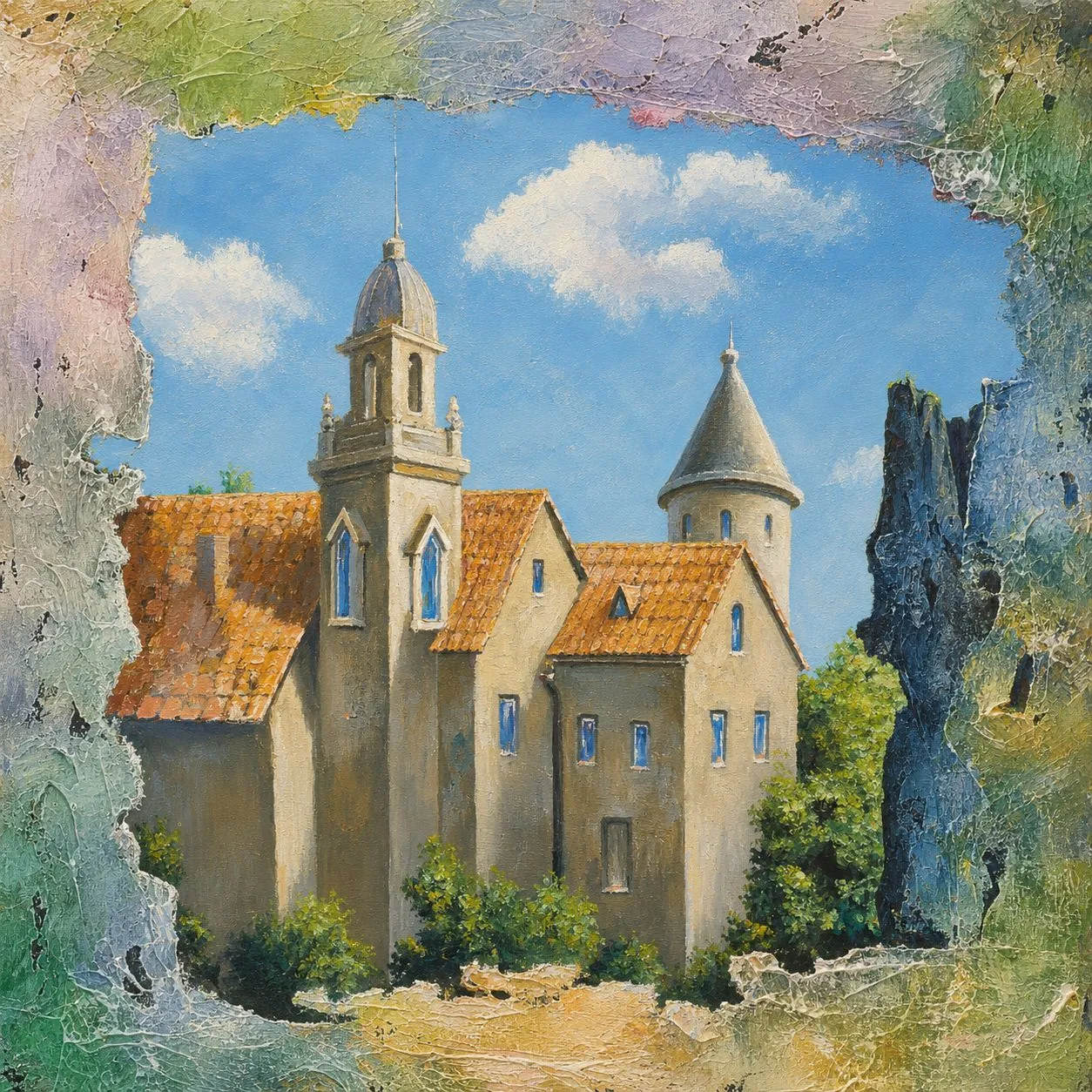 Painting “Memories II” by Oleksandr Zinovyev: A European castle with orange roofs seen through a crumbling stone opening.