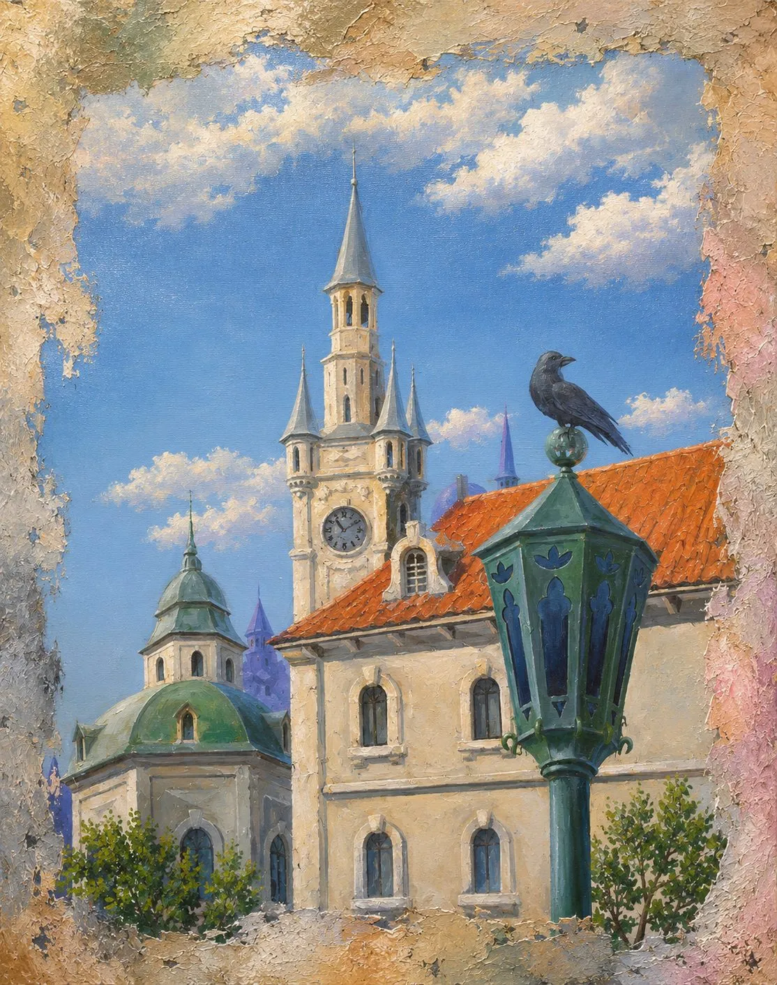 Painting “Memories” by Oleksandr Zinovyev: A clock tower and a green-domed church with a raven on a street lamp, in a crumbling frame.