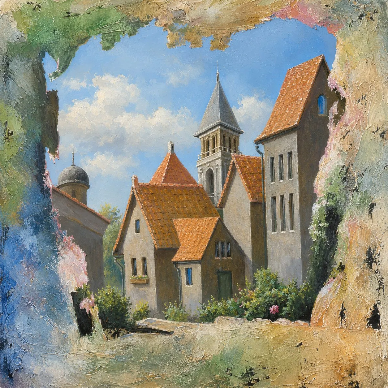 Painting “Memories III” by Oleksandr Zinovyev: Stone houses with orange roofs and a church spire seen through a rocky arch.
