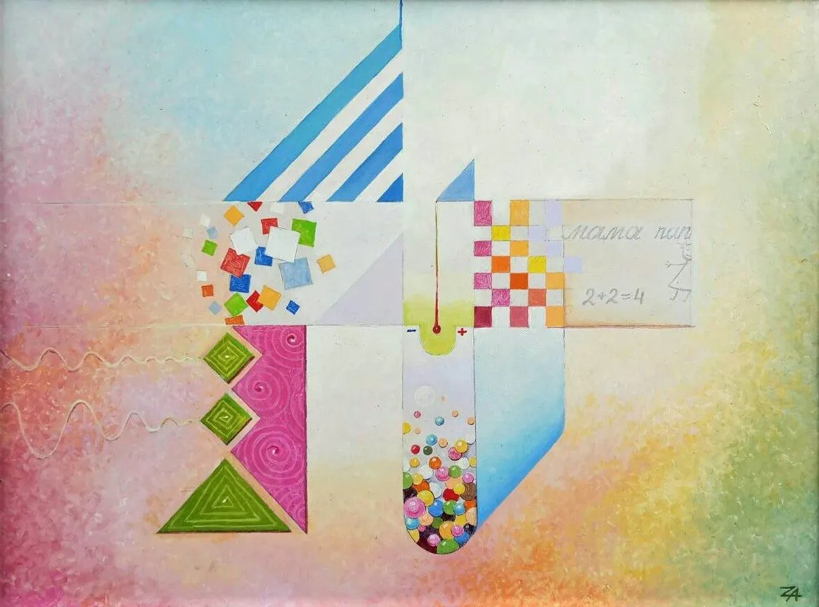 Painting “Memories of Childhood” by Oleksandr Zinovyev: A pastel abstract of checkerboards, stripes and coloured squares, with the sum 2+2=4 written in.