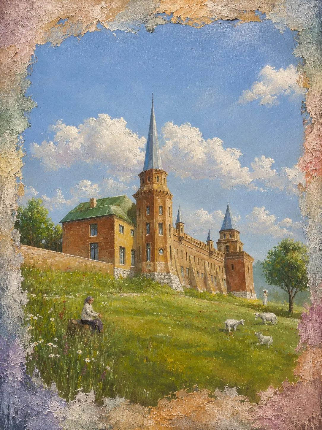 Painting “Memories of the Castle” by Oleksandr Zinovyev: A red-brick castle with a spire above a green meadow with sheep, in a crumbling frame.