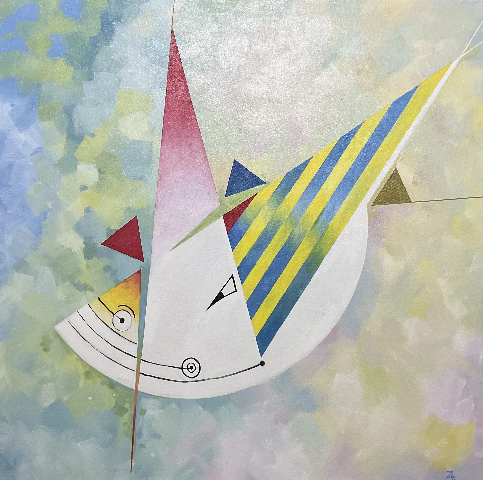 Painting “The Hooligan” by Oleksandr Zinovyev: A white wedge-shaped bird with a yellow-and-blue striped wing and a pink triangle on a pastel ground.