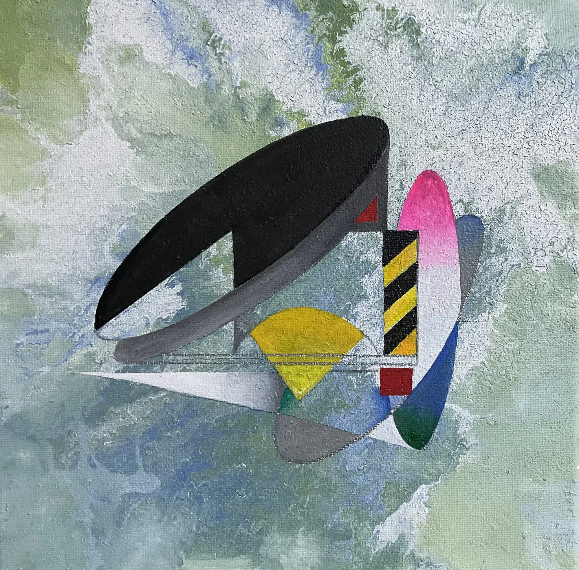 Painting “Black Ellipse” by Oleksandr Zinovyev: A black ellipse with pink and yellow shapes and a striped bar on a grey-green textured ground.